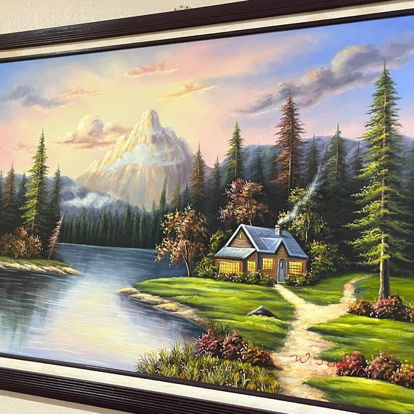 LG 41x30 Painting Framed Oil On Canvas log Cabin Mountains LakeW. Jenkins art
